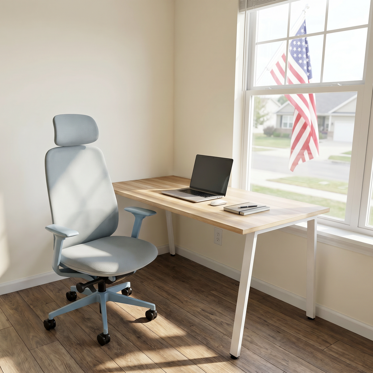 Blue office chair in bright office
