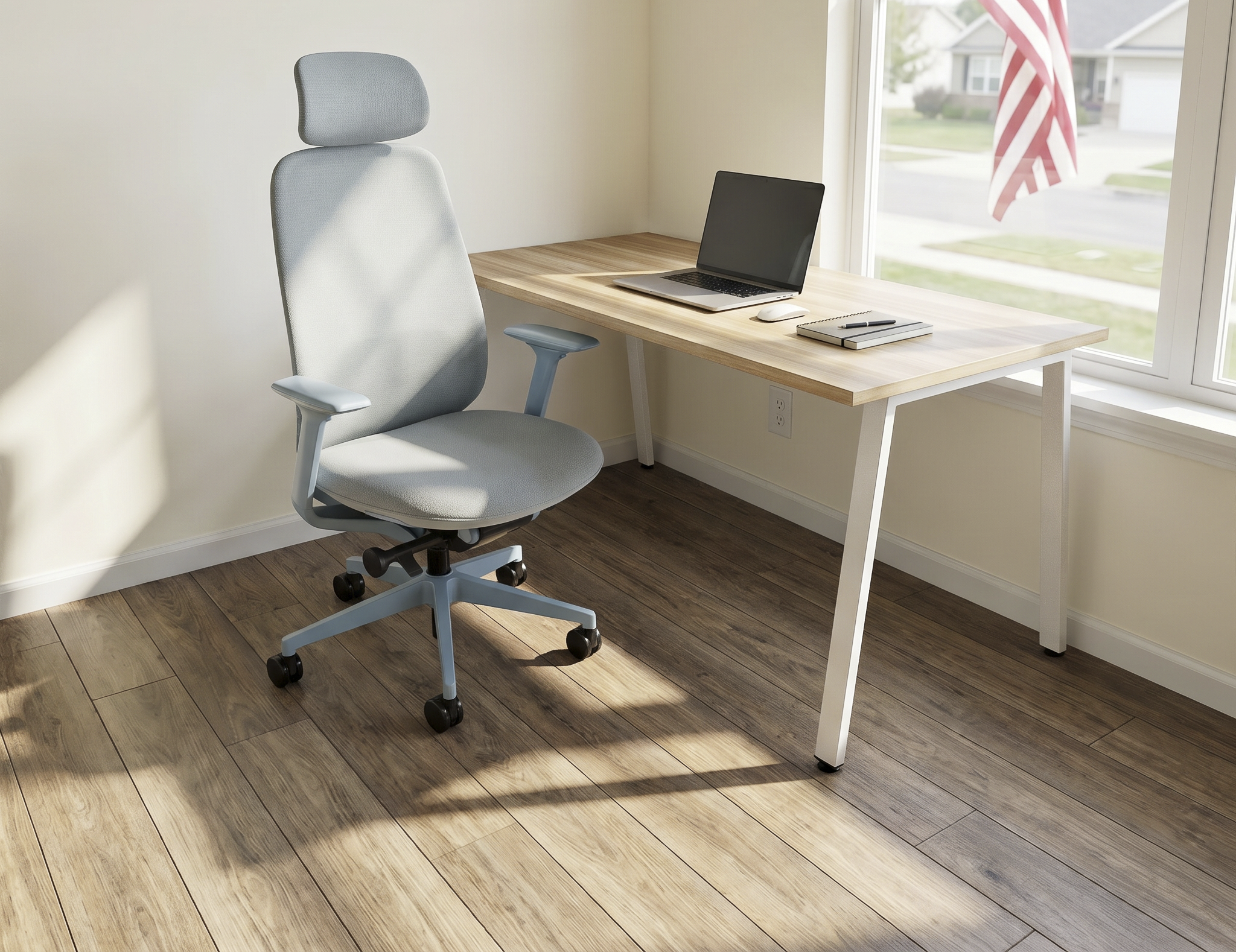 Blue office chair in bright office